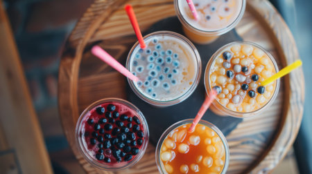 A top-down shot of a wooden tray holding multiple cups of bubble milk tea, each adorned with a colorful straw and a generous serving of chewy tapioca pearlsの素材