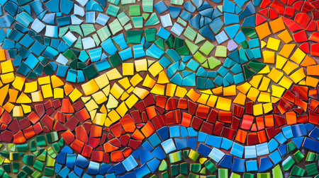 An abstract mosaic background with vibrant tiles in shades of red, blue, yellow, and green. The intricate and colorful pattern creates a lively and dynamic visual appealの素材