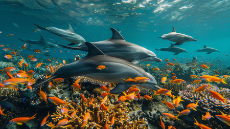 An underwater view of a dolphin pod swimming among schools of colorful fish, their synchronized movements adding life and energy to the coral reef ecosystemの素材