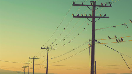 Electricity poles with birds perched on the wires, capturing a moment of nature interacting with man-made structuresの素材