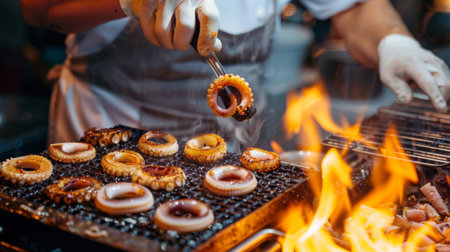 A chef flipping squid rings on a hot grill with expert precision, ensuring each piece is cooked to perfection.の素材