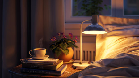 A bedside table with a modern lamp, a stack of books, and a cup of tea, creating a perfect night-time reading nook.の素材