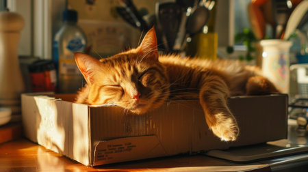 A chubby orange cat fast asleep in a box on a kitchen counter, oblivious to the world around it.の素材