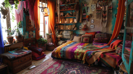A bohemian bedroom with colorful textiles, eclectic decor, and a cozy reading nook, embodying free-spirited style.の素材