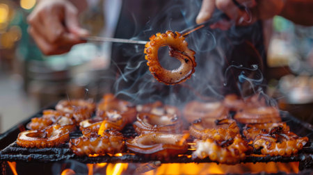 A chef flipping squid rings on a hot grill with expert precision, ensuring each piece is cooked to perfection.の素材