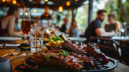 A BBQ restaurant with a platter of ribs on each table, inviting diners to dig in and enjoy.の素材