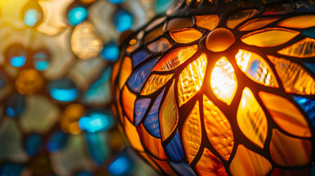 A close-up of a decorative stained glass lamp, showcasing its intricate patterns and vibrant colors.の素材