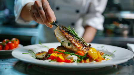 A chef presenting a beautifully plated dish of grilled fish with colorful garnishes, showcasing culinary creativity.の素材
