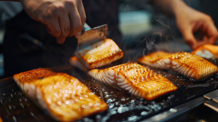A chef flipping fish fillets on a hot grill with expert precision, ensuring each piece is cooked to perfection.の素材