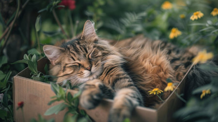 A big fluffy cat sprawled in a box in the middle of a garden, enjoying a peaceful nap outdoorsの素材