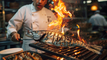 A chef grilling whole fish over an open flame, with flames licking the seafood for a delicious charred finish.の素材