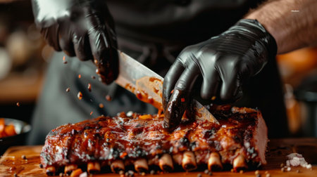 A chef slicing into a rack of smoked pork ribs, revealing tender meat falling off the bone.の素材