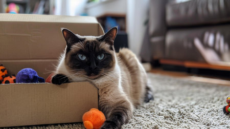 A chunky Siamese cat nestled in a box on a living room floor, with toys scattered around.の素材