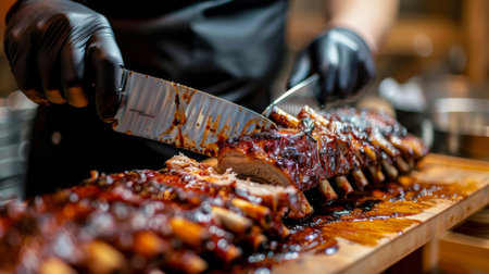 A chef slicing into a rack of smoked pork ribs, revealing tender meat falling off the bone.の素材
