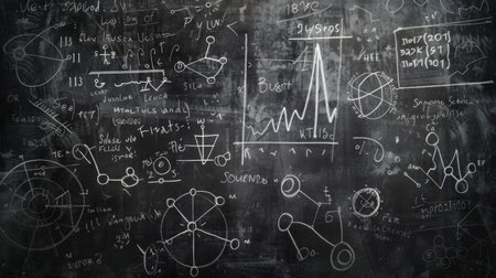A blackboard texture with chalk doodles and mathematical equations, perfect for educational and creative designs.の素材