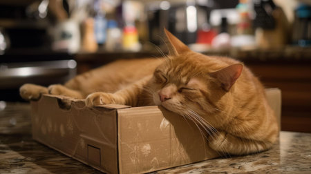 A chubby orange cat fast asleep in a box on a kitchen counter, oblivious to the world around it.の素材