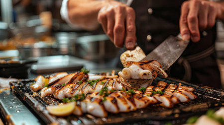 A chef slicing grilled squid into bite-sized pieces, arranging them on a platter for serving at a restaurant.の素材