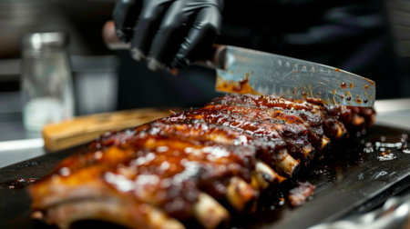 A chef slicing into a rack of smoked pork ribs, revealing tender meat falling off the bone.の素材