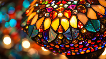 A close-up of a decorative stained glass lamp, showcasing its intricate patterns and vibrant colors.の素材