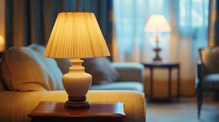 A classic table lamp with a fabric shade, placed on a side table in a cozy, well-decorated living room.の素材
