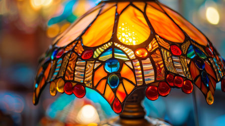 A close-up of a decorative stained glass lamp, showcasing its intricate patterns and vibrant colors.の素材