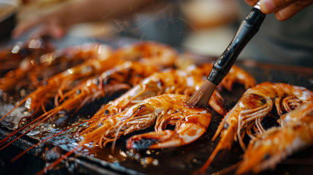 A close-up of marinated freshwater prawns being prepared for grilling, with the chef brushing on flavorful sauce for added taste.の素材