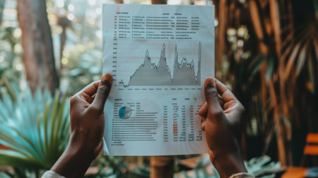 A close-up of hands holding a business report with a detailed line graph showing market performance.の素材