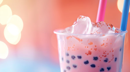 A close-up of a refreshing cup of bubble milk tea with tapioca pearls, garnished with a colorful straw.の素材