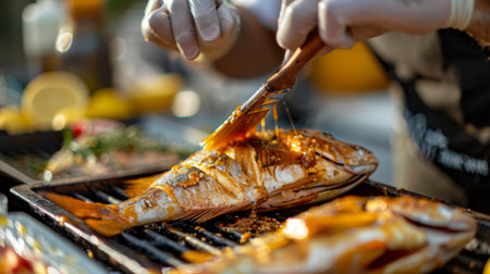 A close-up of marinated fish being prepared for grilling, with the chef brushing on flavorful sauce for extra taste.の素材