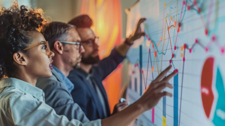 A diverse team of professionals discussing a line graph on a whiteboard, analyzing market growth.の素材