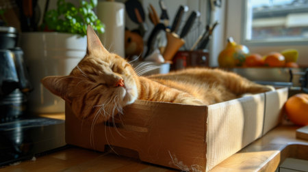 A chubby orange cat fast asleep in a box on a kitchen counter, oblivious to the world around it.の素材
