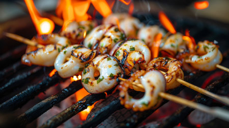 A close-up of squid skewers sizzling on a hot grill, with flames licking the seafood for a delicious charred finish.の素材