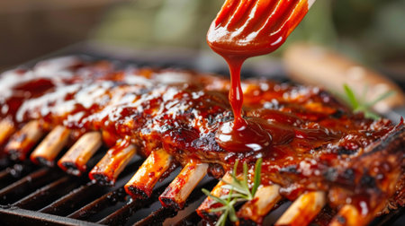 A close-up of grilled pork ribs being basted with BBQ sauce, glistening and ready to be served.の素材