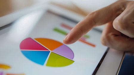 A close-up of a tablet displaying a colorful business pie chart, with a hand pointing at a segment.の素材