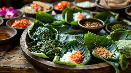 A close-up of betel leaves arranged on a platter, surrounded by bowls of assorted mieng kham toppings.の素材