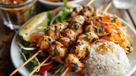 A close-up of grilled chicken skewers served with a side of tangy som tam salad and sticky rice.の素材