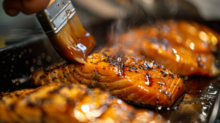 A close-up of marinated fish being prepared for grilling, with the chef brushing on flavorful sauce for extra taste.の素材