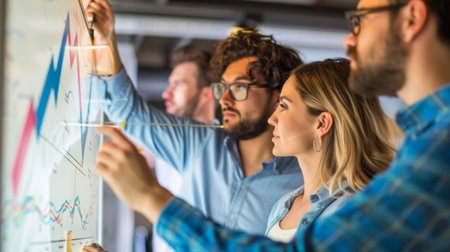 A diverse team of professionals discussing a line graph on a whiteboard, analyzing market growth.の素材