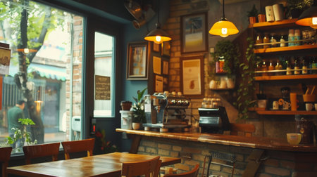 A cozy with warm pendant lamps hanging over wooden tables, creating an inviting atmosphere.の素材