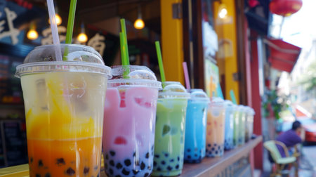 A colorful bubble milk tea menu board outside a trendy cafe, enticing passersby to try different flavors.の素材