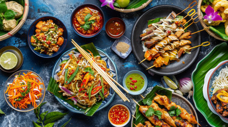 A colorful Thai food spread featuring som tam, grilled chicken, pad thai, and other popular dishes.の素材