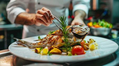 A chef presenting a beautifully plated dish of grilled fish with colorful garnishes, showcasing culinary creativity.の素材