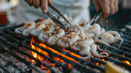 A chef grilling fresh squid on a hot barbecue grill, turning them with tongs for even cooking and charringの素材