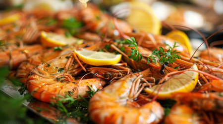 A close-up of succulent freshwater prawns arranged on a platter, garnished with fresh herbs and lemon wedges.の素材