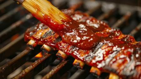 A close-up of grilled pork ribs being basted with BBQ sauce, glistening and ready to be served.の素材