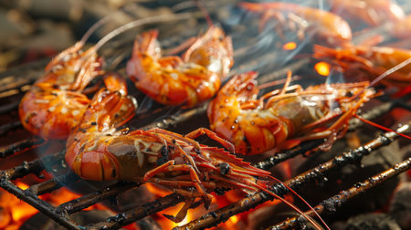 A barbecue grill filled with jumbo freshwater prawns cooking over hot coals, emitting a tantalizing aroma as they sizzle.の素材
