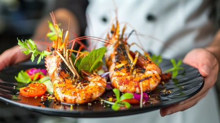 A chef presenting a beautifully plated dish of grilled freshwater prawns with colorful garnishes, showcasing culinary expertise.の素材