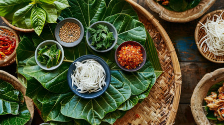A close-up of betel leaves arranged on a platter, surrounded by bowls of assorted mieng kham toppings.の素材
