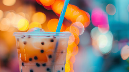A close-up of a refreshing cup of bubble milk tea with tapioca pearls, garnished with a colorful straw.の素材