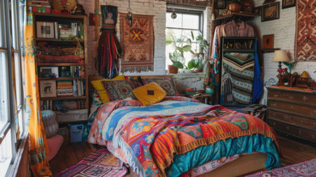 A bohemian bedroom with colorful textiles, eclectic decor, and a cozy reading nook, embodying free-spirited style.の素材